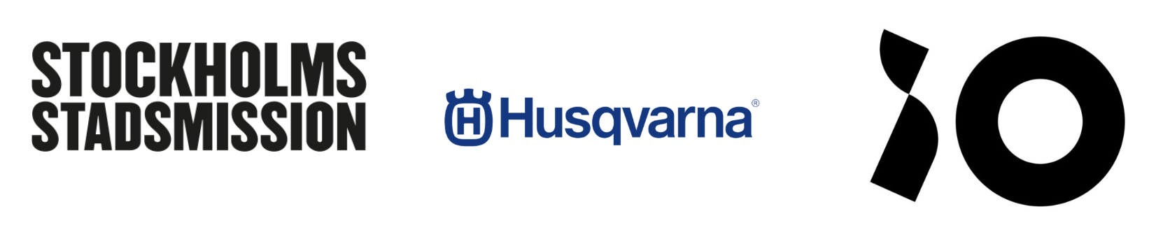 Logotyper för Stockholms Stadsmission, Husqvarna och iO